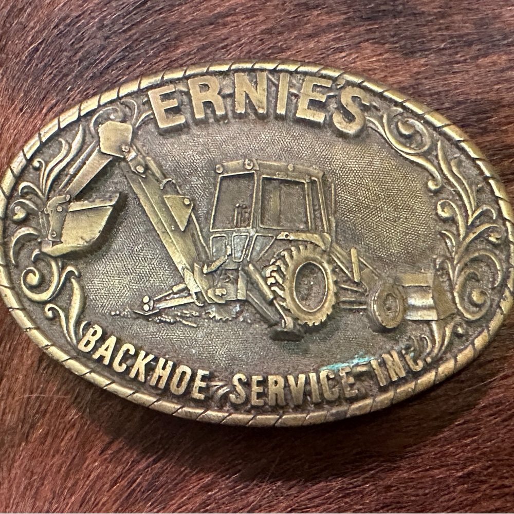 Vintage Ernie’s Backhoe Service Belt Buckle. 4 in. Marked San Jose, Ca on back.